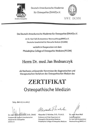 Zertifikat DAAO Osteopathische Medizin Orthopäde Dr. Bednarczyk Offenburg